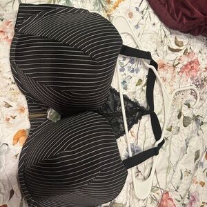 Cacique Black and White Striped Lace Bra
